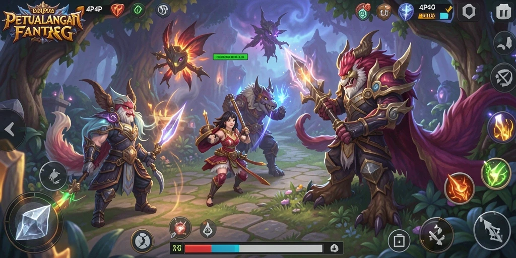 Screenshot gameplay 4P4P yang menampilkan pertempuran epik dan karakter yang kuat.