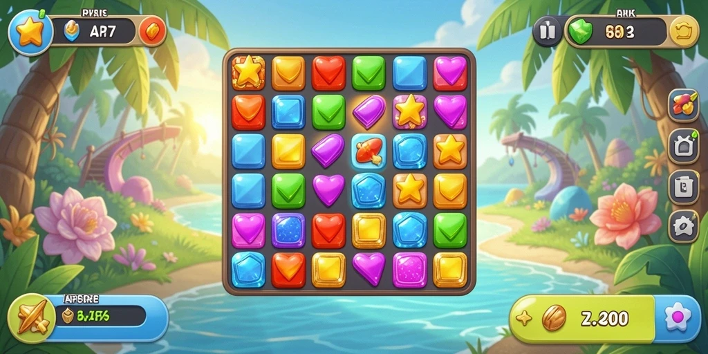 Screenshot utama API77 menampilkan gameplay seru Match-3 yang penuh warna.