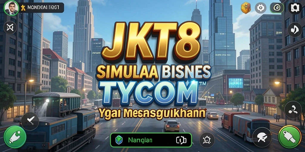 Tampilan gameplay <strong>JKT8</strong> yang menggambarkan aktivitas bisnis yang dinamis.