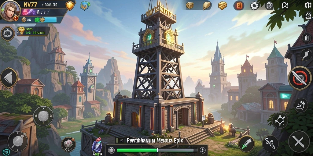 Screenshot utama NV77 menunjukkan aksi intens pertahanan menara.