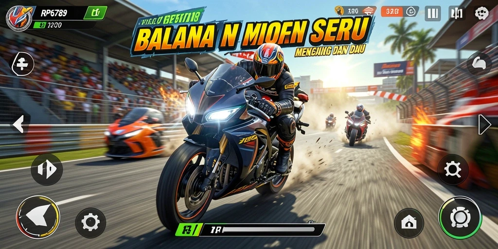 Gameplay seru dalam RP6789 dengan balapan motor yang mendebarkan.